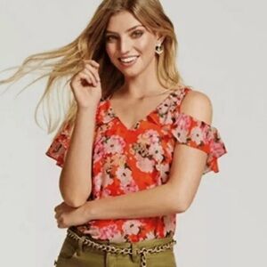 Cabi* Lush Blouse - Hibiscus Floral Cold Shoulder Layered Blouse - Size M